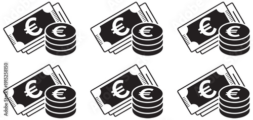 Black money cash icons set vector illustration design art, financial symbol collection, currency stack graphics, payment concept, flat isolated icon bundle