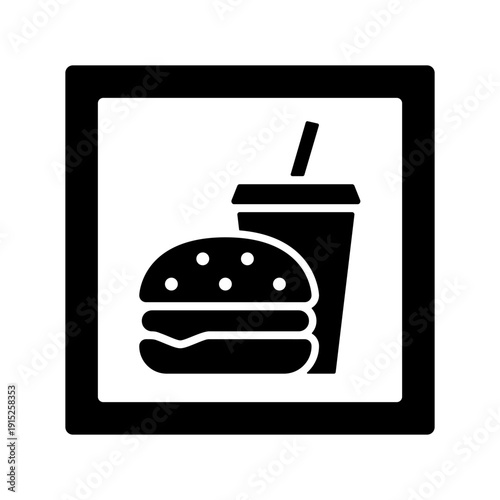 Minimal Food court signage icon or wayfinding sign in frame, black silhouette isolated on white. Burger and coffee or cola or drink with straw. Square vector pictogram for minimalist pointer design.