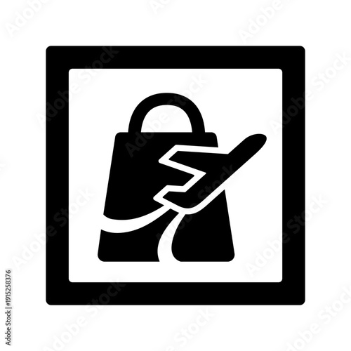 Minimal Duty Free signage icon or wayfinding sign in frame, black silhouette isolated on white. Shopping bag and plane, square vector pictogram for minimalist pointer design.