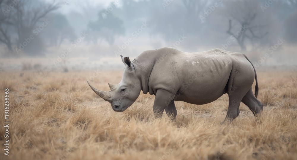 Obraz premium White rhino slowly wandering through winter dry grass terrain