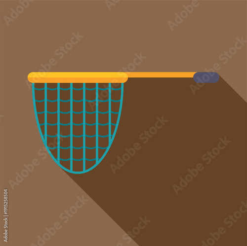 Fishing net with yellow handle and blue mesh, a flat design icon
