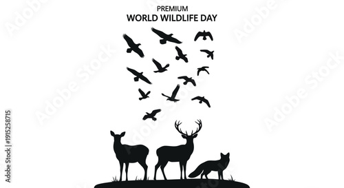 Black silhouette illustration of various wild animals including deer, birds, and a tiger on World Wildlife Day with a tree in the background.