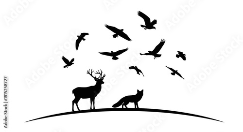 Black silhouette illustration of a deer, wolf, and birds on a hill for World Wildlife Day, featuring a forest background.