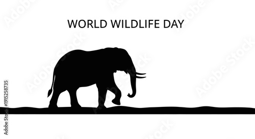 Black silhouette illustration of an elephant on World Wildlife Day with a tree and forest elements in a simple design.
