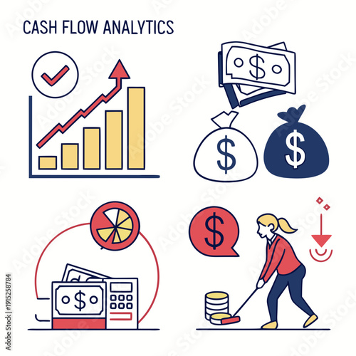 Cash flow analytics including graph, money bags, calculator, and woman sweeping coins