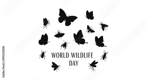 Black silhouette illustration of various wild animals and insects surrounding 'World Wildlife Day' text on a white background, featuring a bull, buffalo, tiger, bird, and tree elements in a