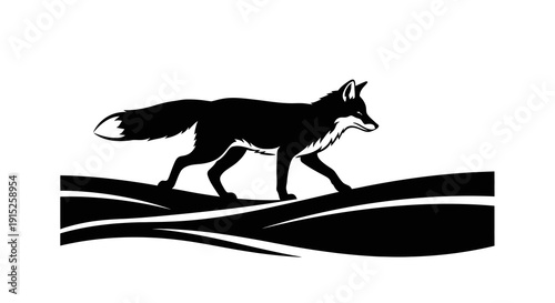 Black silhouette of a fox walking on a wavy landscape, symbolizing World Wildlife Day, with a simple and iconic design.