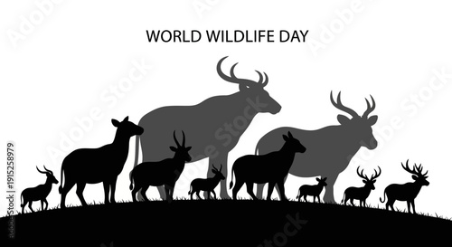 Black silhouette illustration of various wild animals standing on a hill for World Wildlife Day, featuring a bull, buffalo, tiger, and bird, set against a white background with a simple