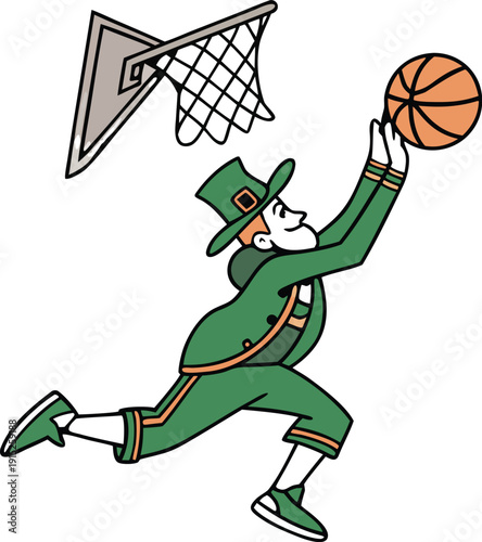 St Patrick's Day Leprechaun Basketball Dunk. collection in trendy retro comic style. Crazy cartoons Abstract vector. transparent background 