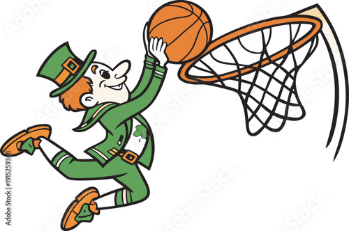 St Patrick's Day Leprechaun Basketball Dunk. collection in trendy retro comic style. Crazy cartoons Abstract vector. transparent background 