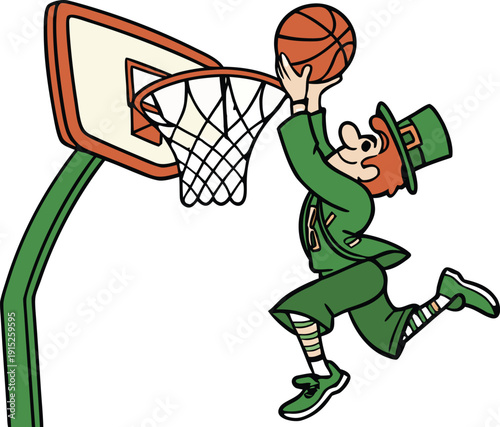 St Patrick's Day Leprechaun Basketball Dunk. collection in trendy retro comic style. Crazy cartoons Abstract vector. transparent background 