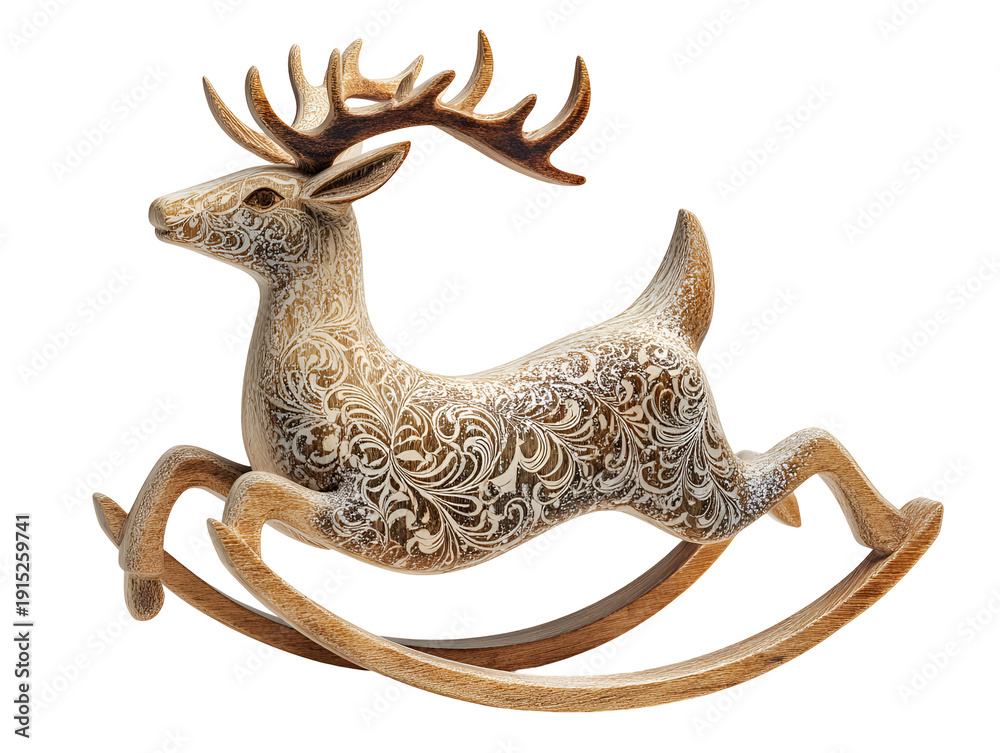 Obraz premium A beautifully crafted golden reindeer rocking horse with intricate details. isolated on transparent background