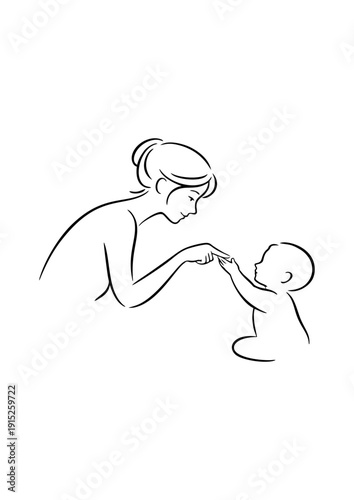 Mother and baby touching fingers in simple line drawing  