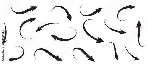 Arrows set with curved arrows and arrow sign symbols, modern flat style icons, vector isolated on white background, guidance system elements