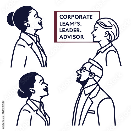 Corporate team leadership with four profile portraits outline