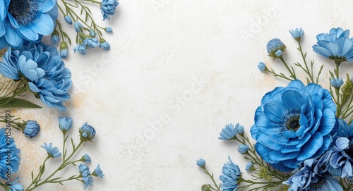 Vibrant blue floral artwork combined with a textured natural scene on a clean white backdrop