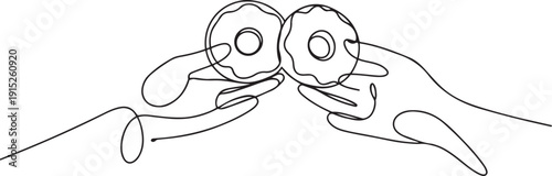 Single line drawing of two hands clinking donuts together like a toast, symbolizing sharing and joy. one line Art icon drawing vector