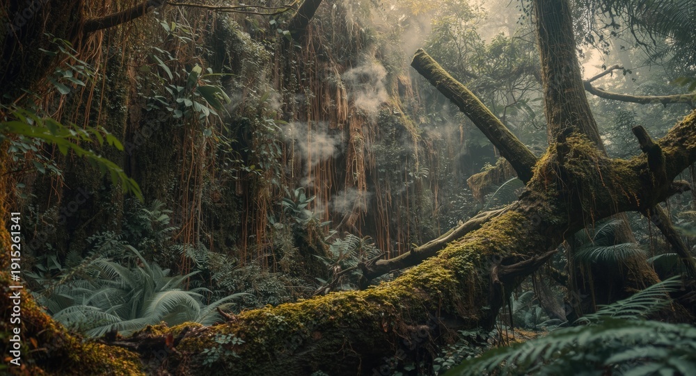 Fototapeta premium vertical plant wall with large fallen trees and cloud forest mist setting