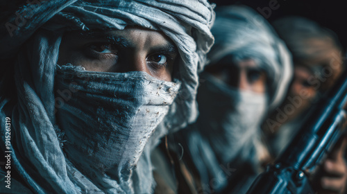 Conceptual image of masked figures in a conflict zone at sunset, Generative AI