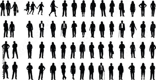 Business people and casual men women silhouettes collection isolated on white background, diverse human figures standing walking vector set