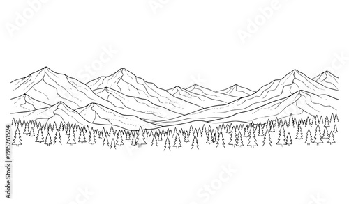 Minimal Mountain and Pine Forest Panorama Line Art Vector on White Background
