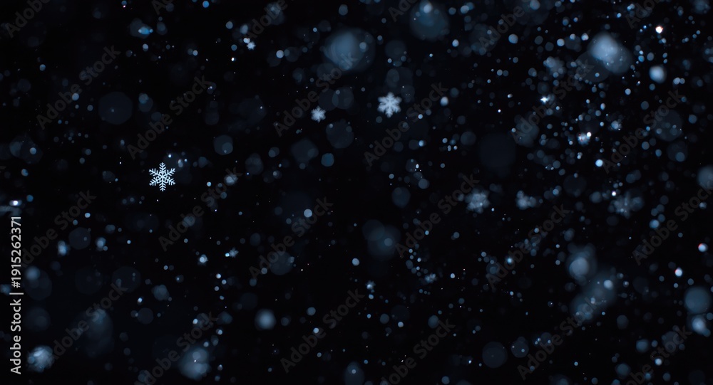 Obraz premium Seasonal change illustrated by white snowflakes floating on a black backdrop