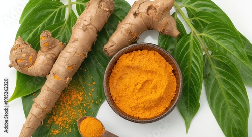 Turmeric root and vibrant green leaf displayed with bowl of powder