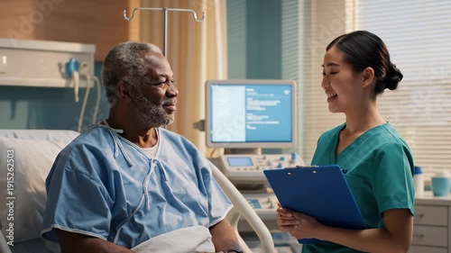 Wallpaper Mural In a serene hospital room, a caring nurse engages with an elderly patient, sharing smiles and supportive words. Sunlight filters through the window, enhancing the comforting atmosphere. Torontodigital.ca
