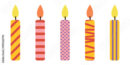 Birthday cake candles with fire flame. Cartoon vector of candle birthday