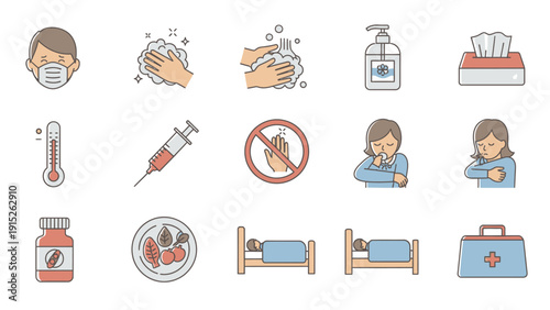 Collection of Medical Icons Representing Health and Illness Prevention.