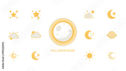 Collection of Minimalist Celestial Icons with Moon, Stars, and Clouds.
