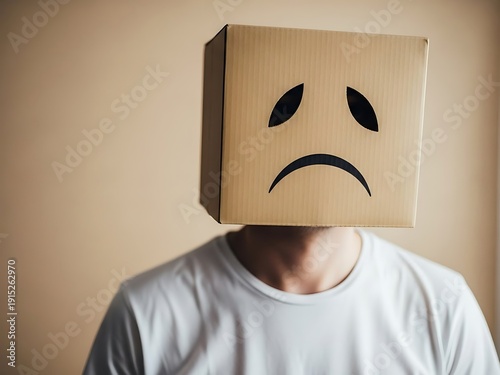 Close Up of Man Wearing Sad Face Cardboard Box Mask. Generative Ai