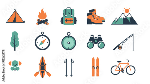 Collection of Outdoor Adventure and Camping Gear Icons.