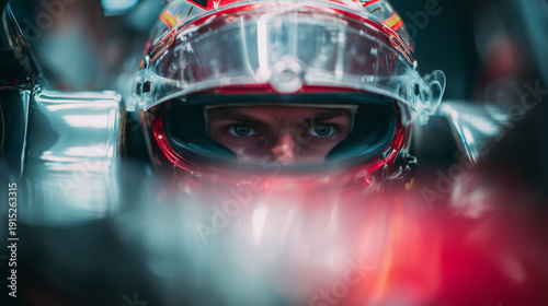 Close-up of a motorsport pilot’s gaze with cockpit telemetry reflections, generative ai
