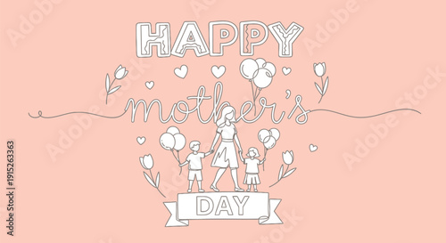 Vector illustration of a Mother's Day greeting with a family and flowers on a peach background