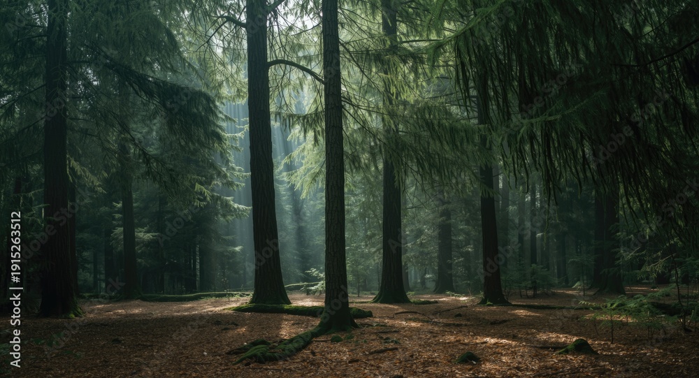 Fototapeta premium Quiet mystery surrounding a lush fir tree grove