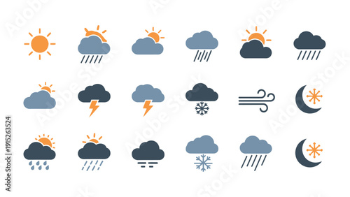 Weather forecast icons set with sun, clouds, rain, snow, wind, and moon symbols.