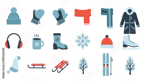 Winter Clothing and Accessories Collection Flat Icons.