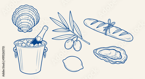 Exquisite line art collection of luxury dining essentials, including seafood, a sparkling wine bucket, a crusty baguette, green olives, and citrus fruit