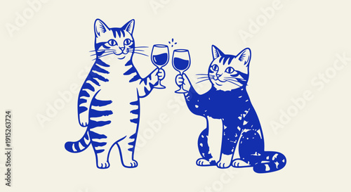 Whimsical pair of adorable cats toasting with wine glasses, celebrating friendship and joy in a charming illustrative design