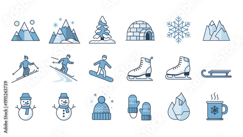Winter Sports and Activities Icons Set.