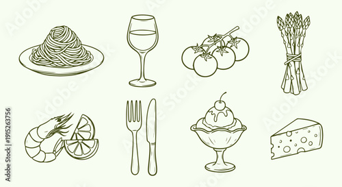 Appetizing hand-drawn vector icons of Italian cuisine essentials, including pasta, wine, fresh vegetables, seafood, dessert, cheese, and dining utensils