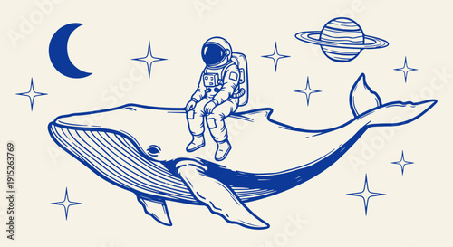Whimsical vector illustration of an astronaut's dream journey, riding a majestic whale through a cosmic ocean adorned with stars, crescent moon, and distant planets