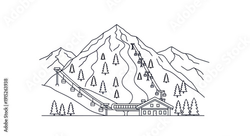A scenic mountain resort with ski slopes, evergreen trees, and modern cable car systems connecting a cozy lodge for winter sports vacations and alpine adventures