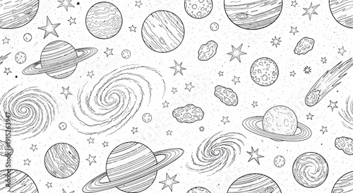 Vast outer space universe with planets, stars, galaxies, comets, and asteroids, depicted in a monochrome line drawing for engaging childrens education and sciencethemed content.