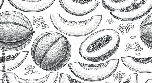 Delicious fresh cantaloupe and melon fruits and seeds in a detailed handdrawn sketch style create a seamless background for summer food packaging or healthy lifestyle promotions.