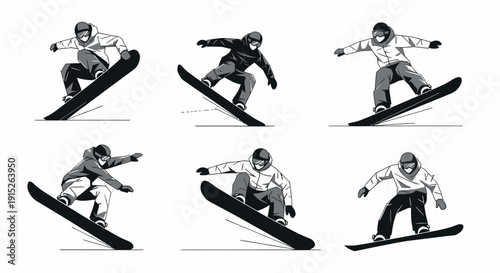 Dynamic snowboarder illustrations showcasing various tricks and movements, perfect for winter sports advertising, extreme activity promotions, or graphic design projects