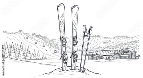 Skis and poles stuck in snow at a vibrant ski resort mountain landscape featuring multiple slopes, chairlifts, and a lodge building, ideal for winter sport and vacation promotions.
