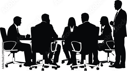 Black Vector Silhouette of Professional Business People Having a Meeting Around a Conference Table Isolated on White Background for Corporate Leadership and Teamwork Design