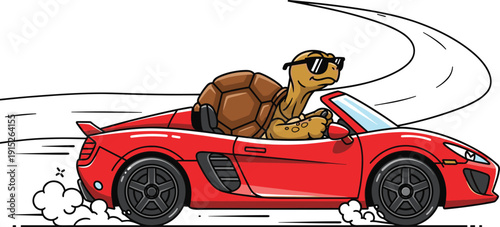 Funny cartoon turtle wearing sunglasses driving a fast red sports car on a highway for speed irony automotive humor and creative mascot branding design